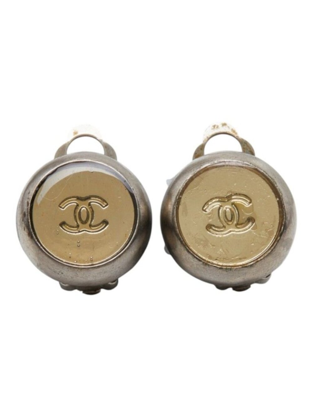 Chanel CC Logo Vintage Earrings Silver Gold Metal